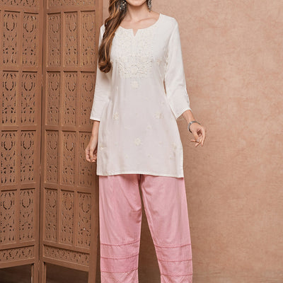 Solid Chikankari Embroidered Straight Fit Kurti - White