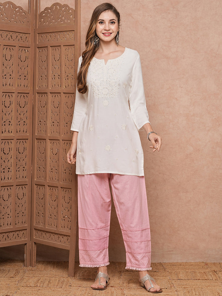 Solid Chikankari Embroidered Straight Fit Kurti - White