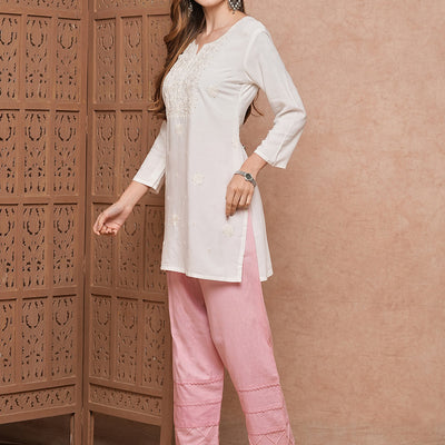 Solid Chikankari Embroidered Straight Fit Kurti - White