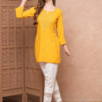 Solid Chikankari Embroidered Straight Fit Kurti - Yellow