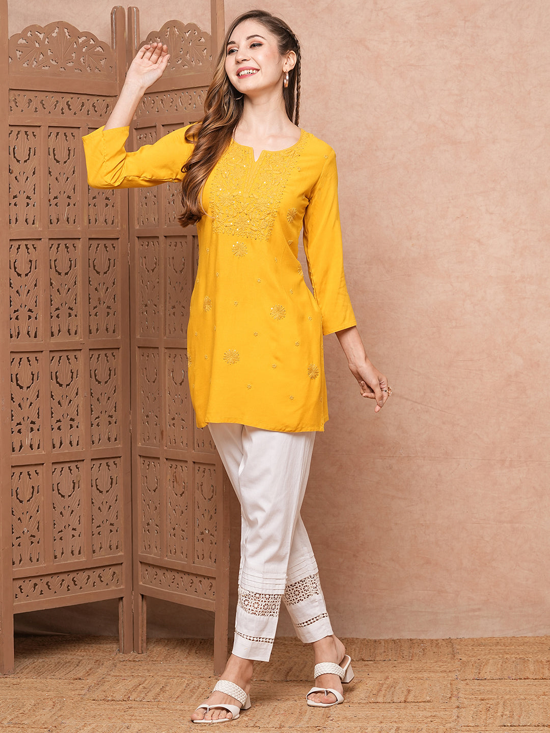 Solid Chikankari Embroidered Straight Fit Kurti - Yellow