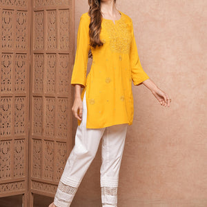 Solid Chikankari Embroidered Straight Fit Kurti - Yellow