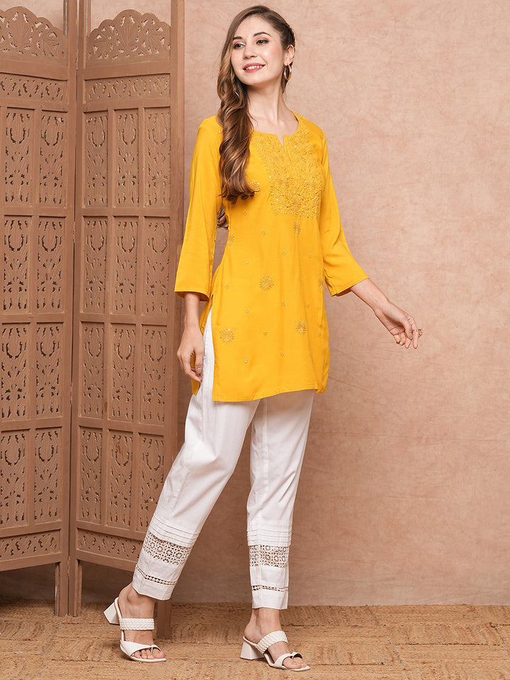 Solid Chikankari Embroidered Straight Fit Kurti - Yellow