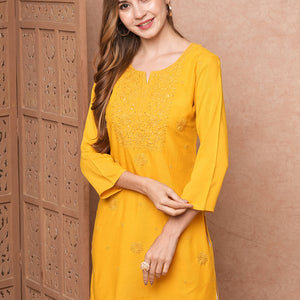 Solid Chikankari Embroidered Straight Fit Kurti - Yellow