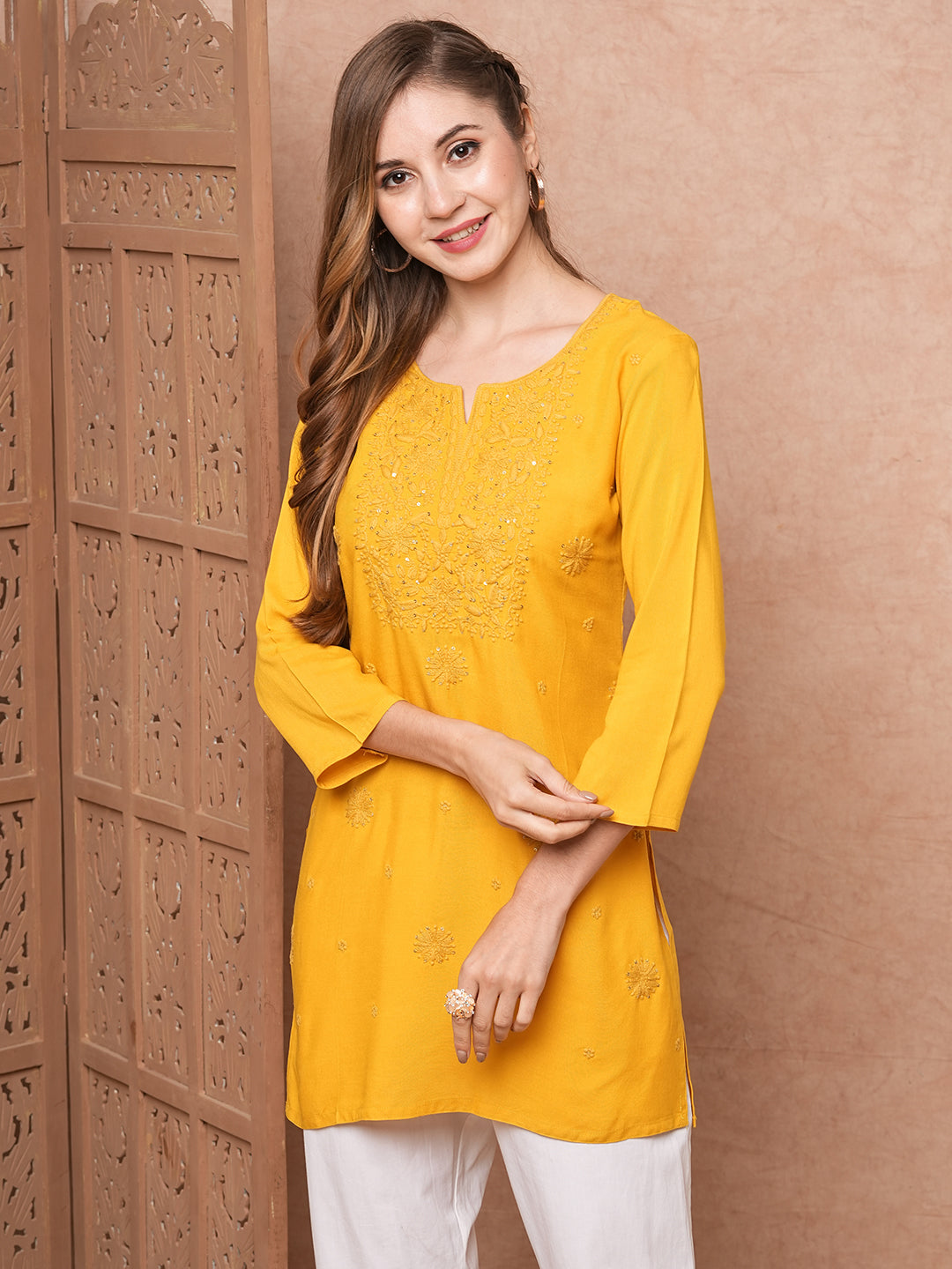 Solid Chikankari Embroidered Straight Fit Kurti - Yellow