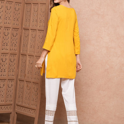 Solid Chikankari Embroidered Straight Fit Kurti - Yellow