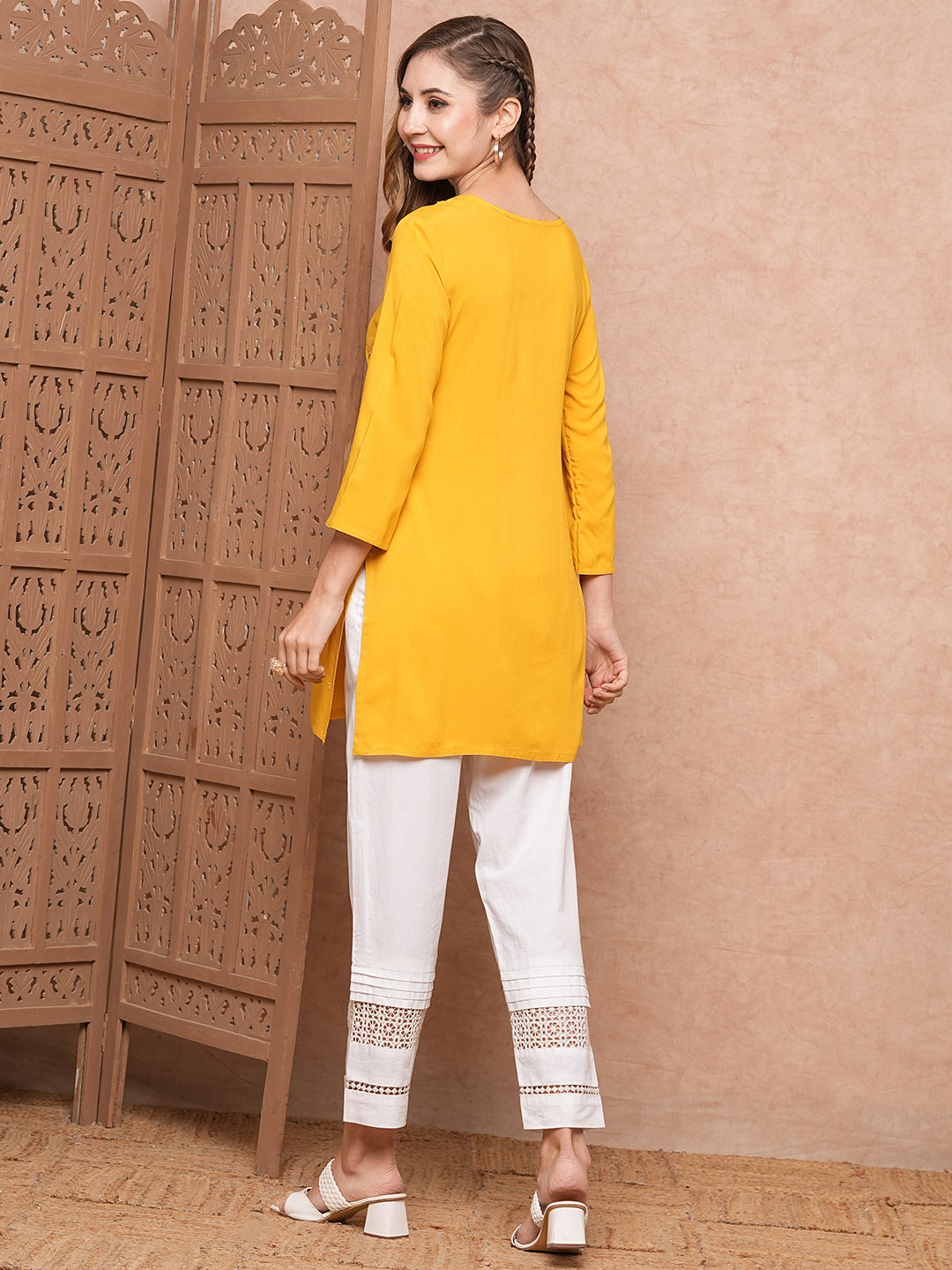 Solid Chikankari Embroidered Straight Fit Kurti - Yellow