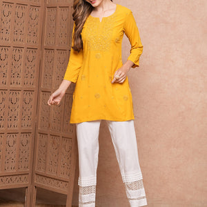 Solid Chikankari Embroidered Straight Fit Kurti - Yellow