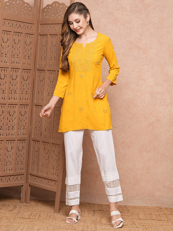 Solid Chikankari Embroidered Straight Fit Kurti - Yellow