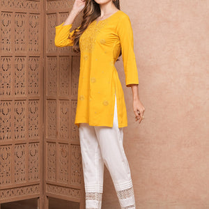 Solid Chikankari Embroidered Straight Fit Kurti - Yellow