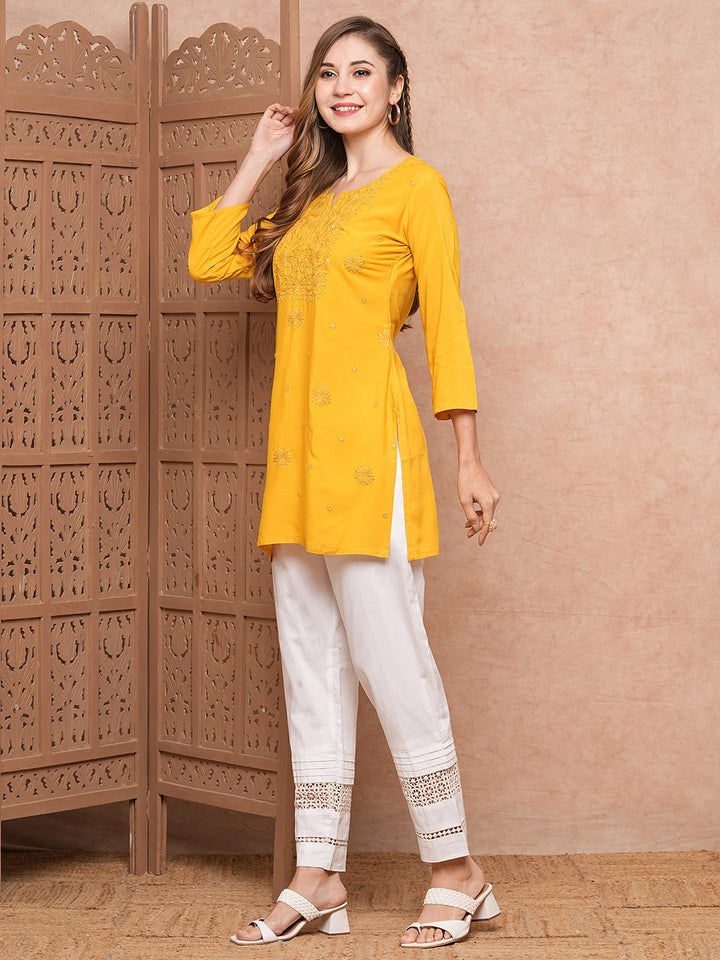 Solid Chikankari Embroidered Straight Fit Kurti - Yellow