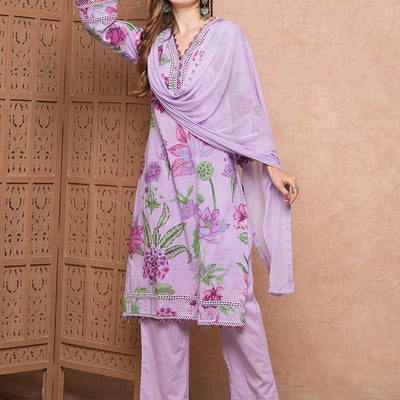 Floral Printed Resham & Crochet Lace Work Kurta with Pants & Dupatta - Purple
