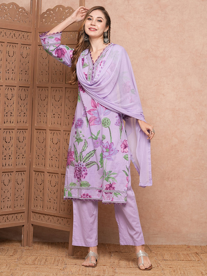 Floral Printed Resham & Crochet Lace Work Kurta with Pants & Dupatta - Purple