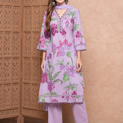 Floral Printed Resham & Crochet Lace Work Kurta with Pants & Dupatta - Purple