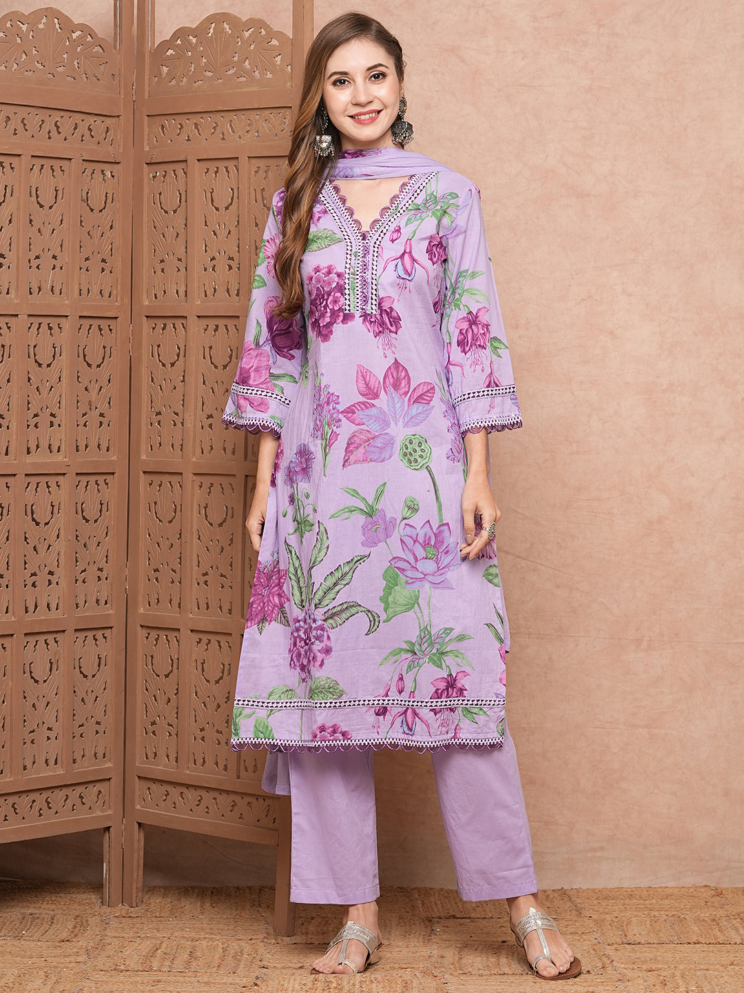 Floral Printed Resham & Crochet Lace Work Kurta with Pants & Dupatta - Purple