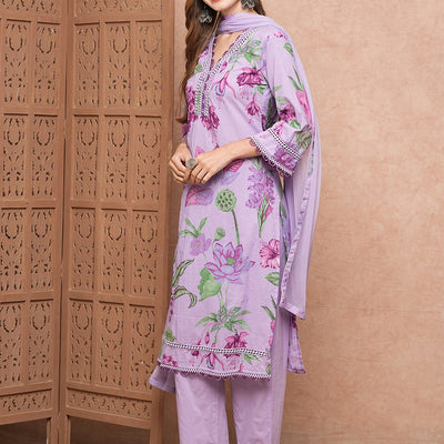 Floral Printed Resham & Crochet Lace Work Kurta with Pants & Dupatta - Purple