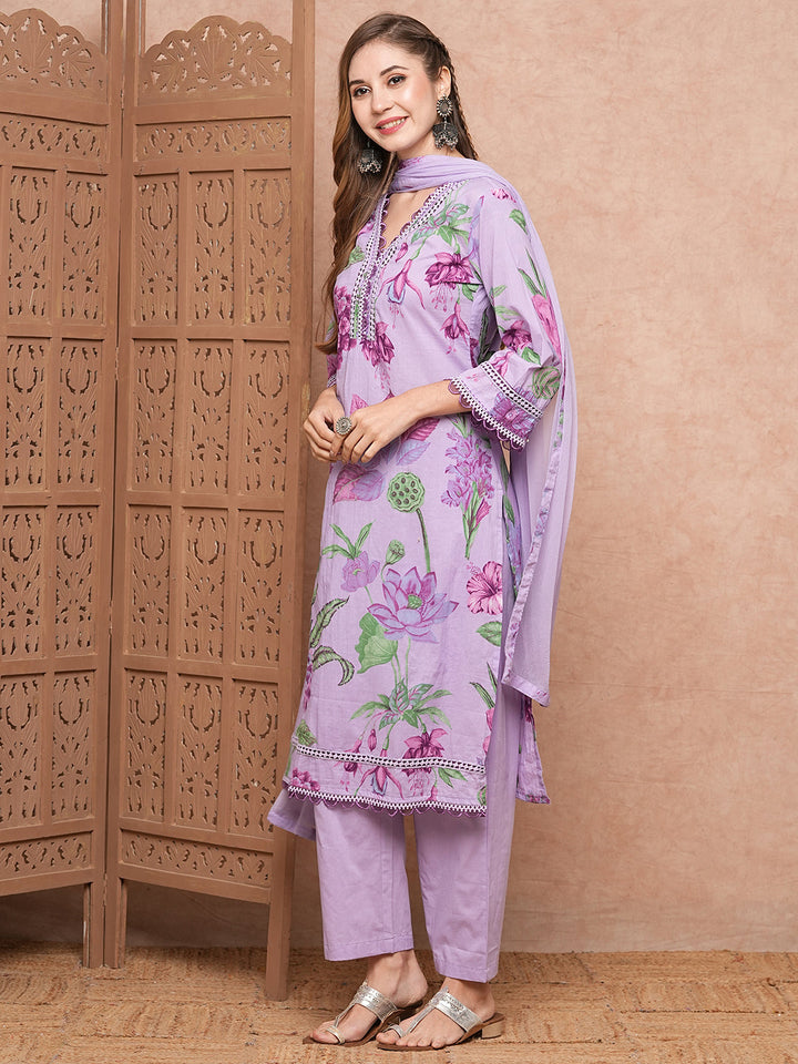 Floral Printed Resham & Crochet Lace Work Kurta with Pants & Dupatta - Purple