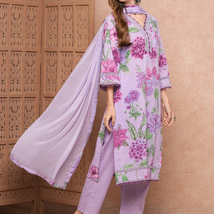 Floral Printed Resham & Crochet Lace Work Kurta with Pants & Dupatta - Purple