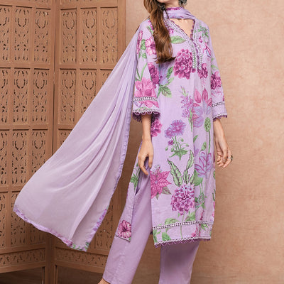 Floral Printed Resham & Crochet Lace Work Kurta with Pants & Dupatta - Purple