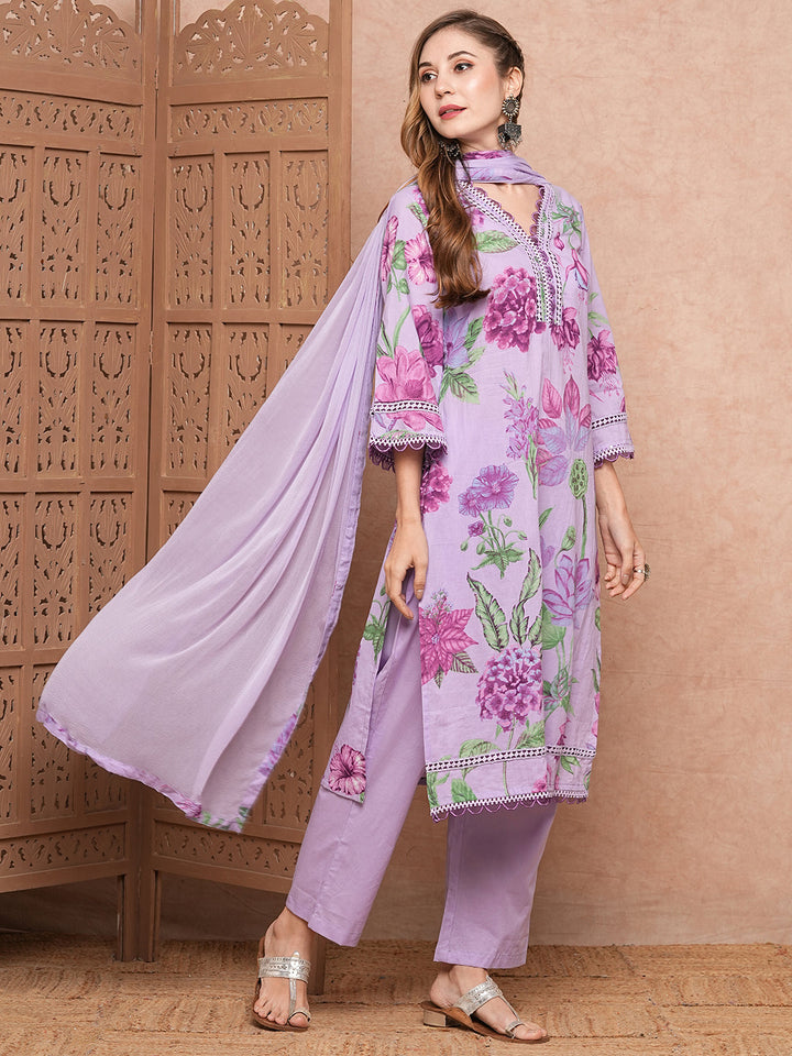 Floral Printed Resham & Crochet Lace Work Kurta with Pants & Dupatta - Purple