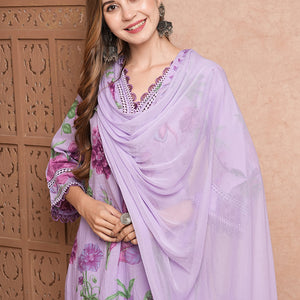 Floral Printed Resham & Crochet Lace Work Kurta with Pants & Dupatta - Purple