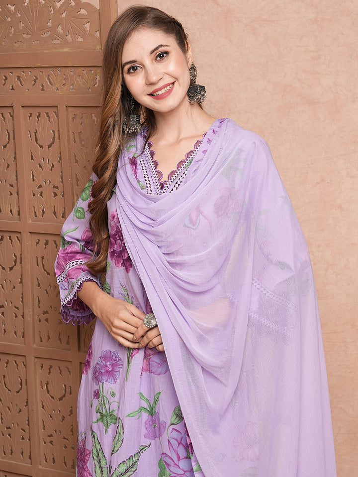 Floral Printed Resham & Crochet Lace Work Kurta with Pants & Dupatta - Purple