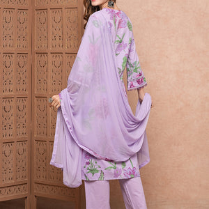 Floral Printed Resham & Crochet Lace Work Kurta with Pants & Dupatta - Purple