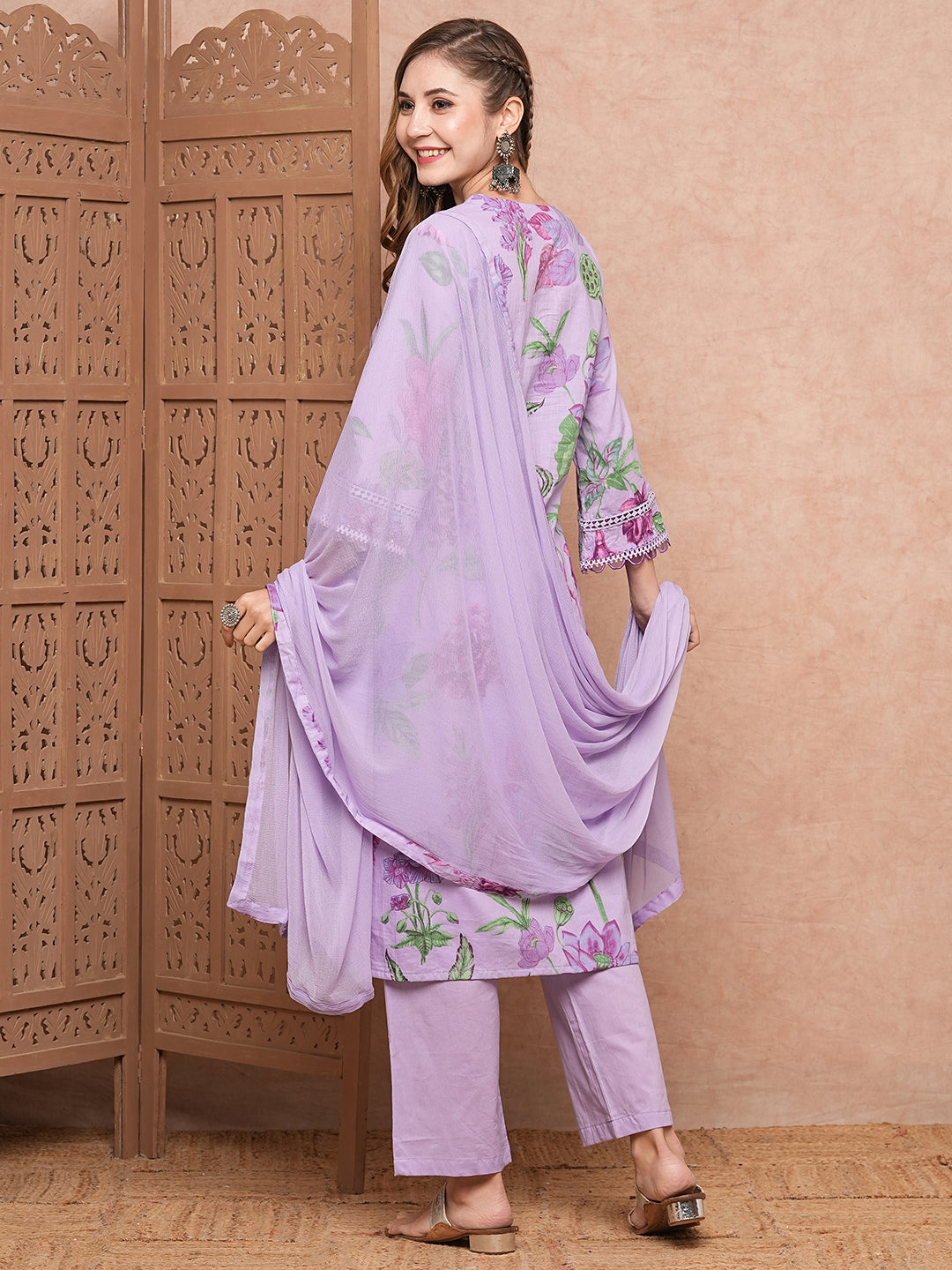 Floral Printed Resham & Crochet Lace Work Kurta with Pants & Dupatta - Purple