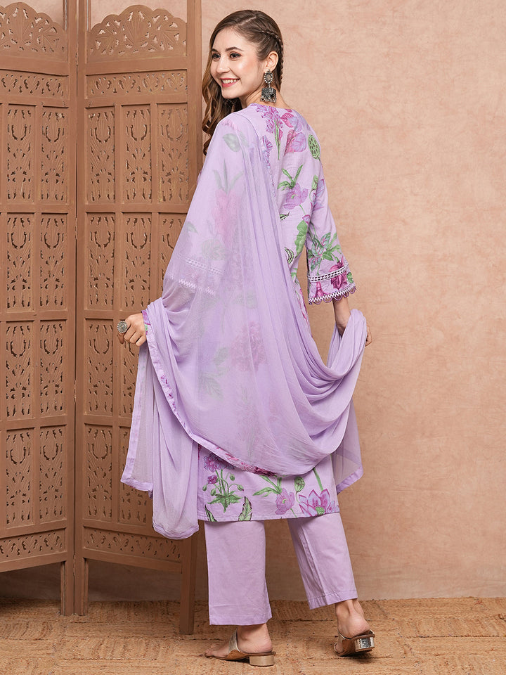 Floral Printed Resham & Crochet Lace Work Kurta with Pants & Dupatta - Purple