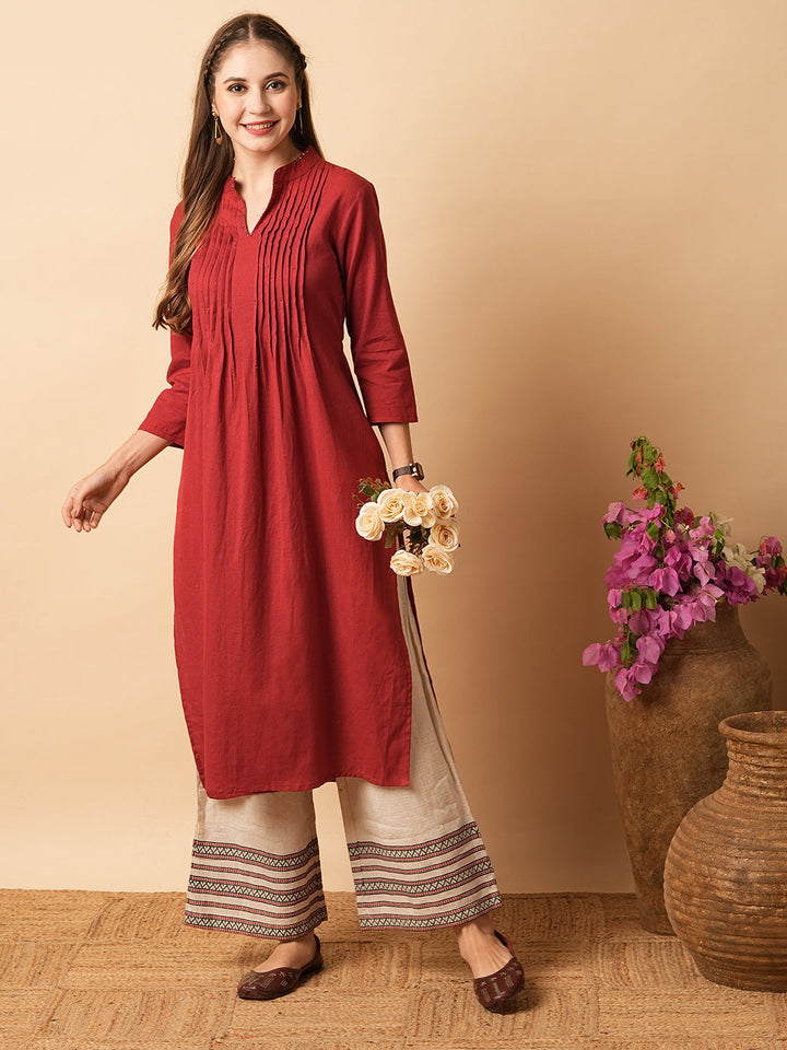 Solid Beads & Sequin Embroidered Pin Tucked Straight Fit Kurta - Maroon