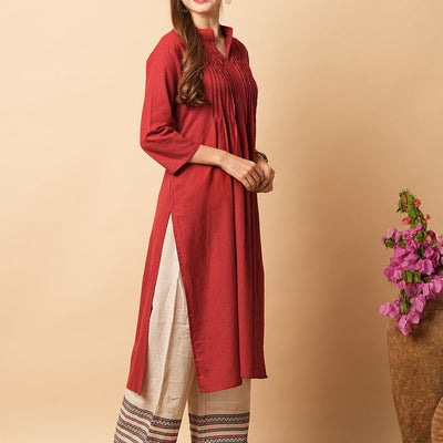 Solid Beads & Sequin Embroidered Pin Tucked Straight Fit Kurta - Maroon