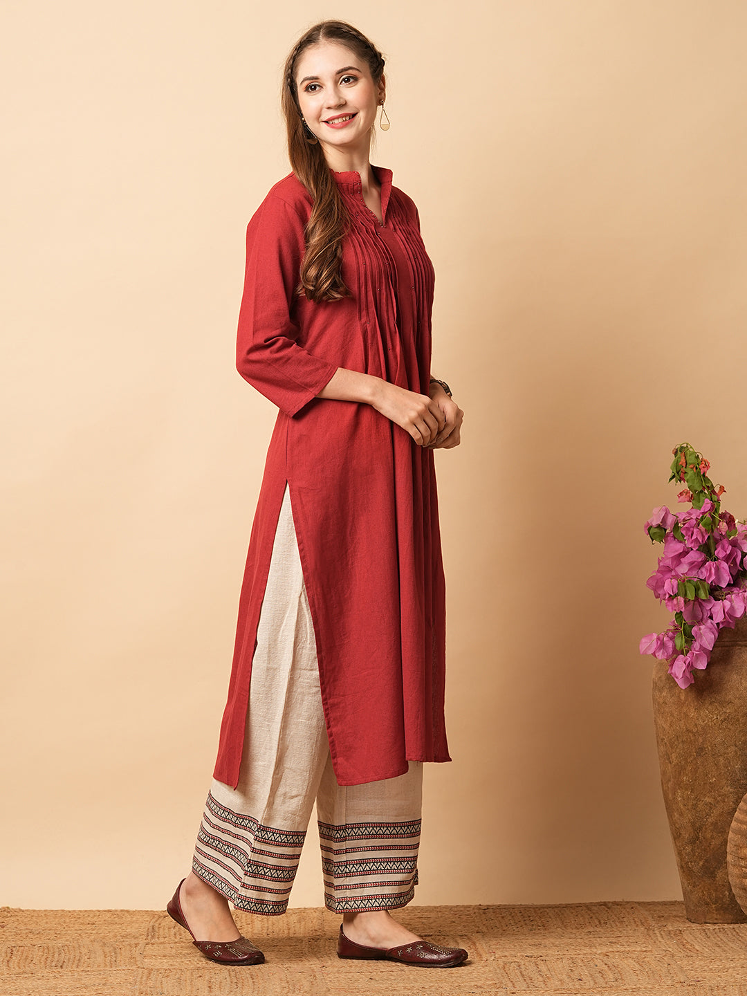 Solid Beads & Sequin Embroidered Pin Tucked Straight Fit Kurta - Maroon