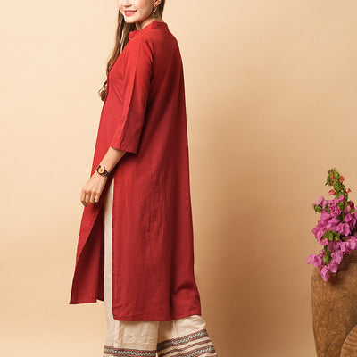 Solid Beads & Sequin Embroidered Pin Tucked Straight Fit Kurta - Maroon