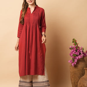 Solid Beads & Sequin Embroidered Pin Tucked Straight Fit Kurta - Maroon