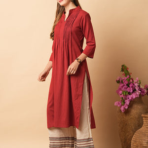Solid Beads & Sequin Embroidered Pin Tucked Straight Fit Kurta - Maroon