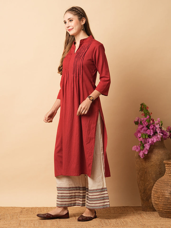 Solid Beads & Sequin Embroidered Pin Tucked Straight Fit Kurta - Maroon