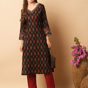 Abstract Printed Mirror, Resham & Sequins Embroidered Kurta - Coffee Brown