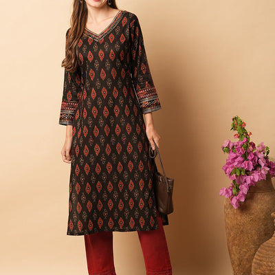 Abstract Printed Mirror, Resham & Sequins Embroidered Kurta - Coffee Brown