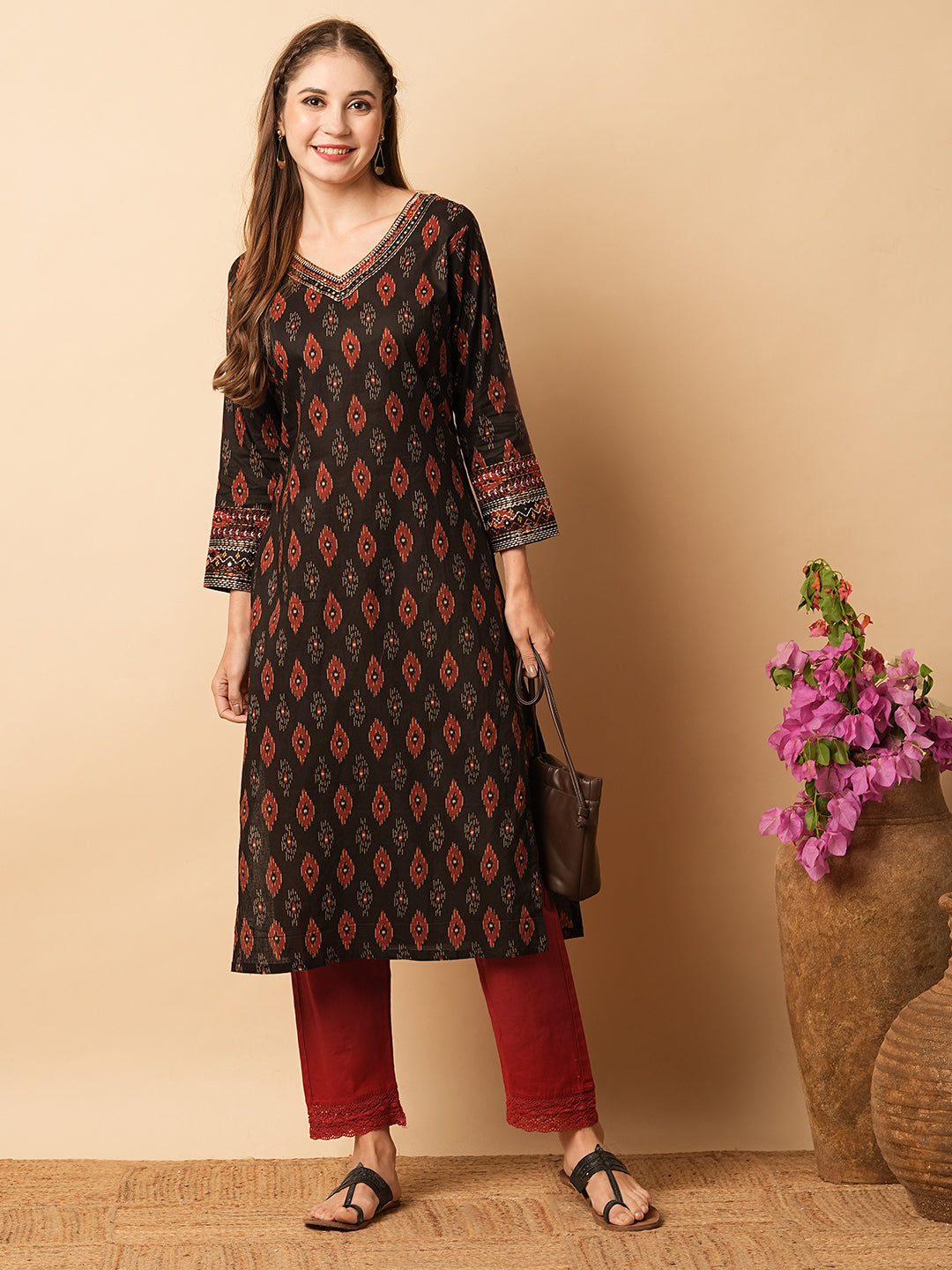 Abstract Printed Mirror, Resham & Sequins Embroidered Kurta - Coffee Brown