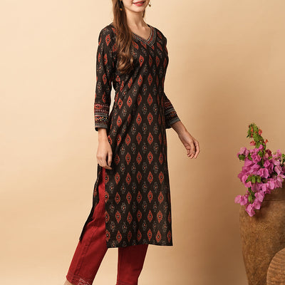 Abstract Printed Mirror, Resham & Sequins Embroidered Kurta - Coffee Brown