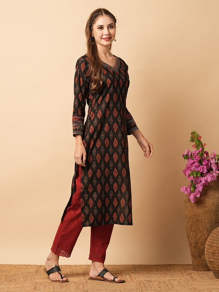 Abstract Printed Mirror, Resham & Sequins Embroidered Kurta - Coffee Brown