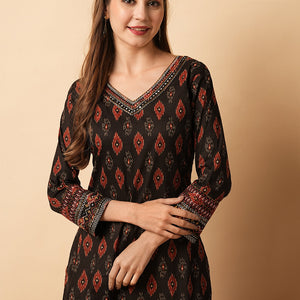 Abstract Printed Mirror, Resham & Sequins Embroidered Kurta - Coffee Brown