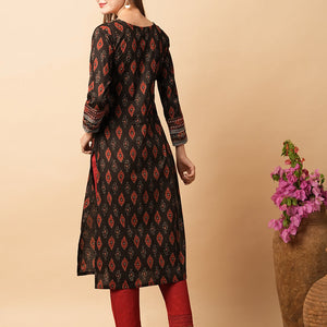 Abstract Printed Mirror, Resham & Sequins Embroidered Kurta - Coffee Brown