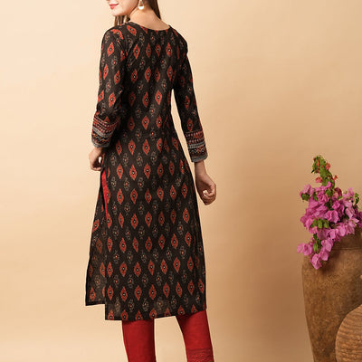 Abstract Printed Mirror, Resham & Sequins Embroidered Kurta - Coffee Brown