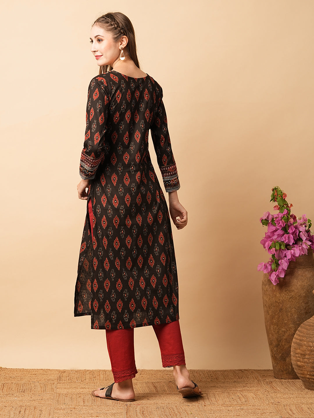 Abstract Printed Mirror, Resham & Sequins Embroidered Kurta - Coffee Brown