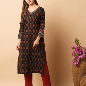 Abstract Printed Mirror, Resham & Sequins Embroidered Kurta - Coffee Brown