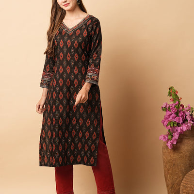 Abstract Printed Mirror, Resham & Sequins Embroidered Kurta - Coffee Brown