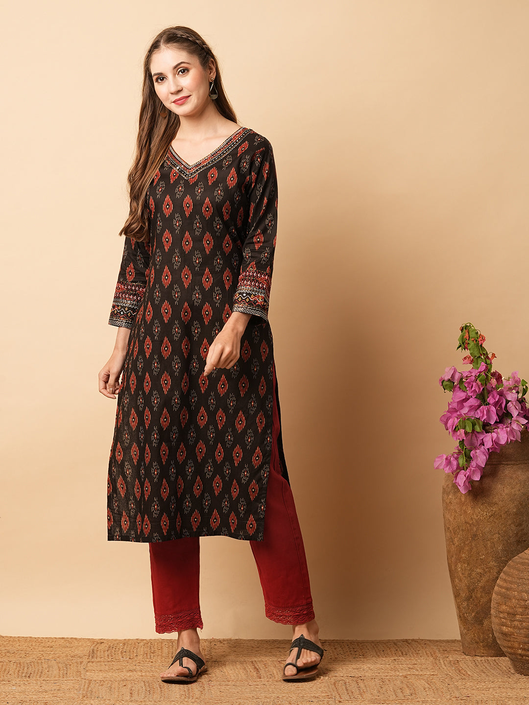 Abstract Printed Mirror, Resham & Sequins Embroidered Kurta - Coffee Brown