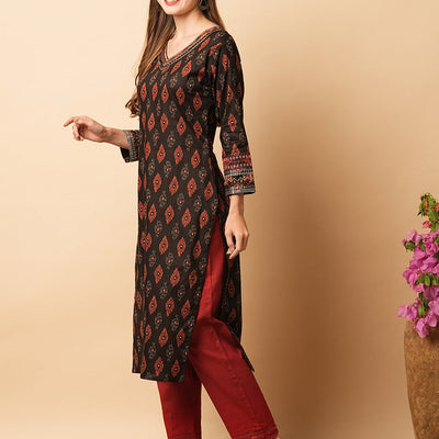 Abstract Printed Mirror, Resham & Sequins Embroidered Kurta - Coffee Brown