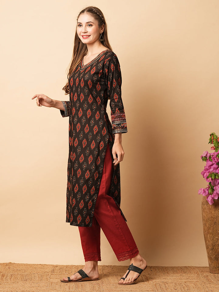 Abstract Printed Mirror, Resham & Sequins Embroidered Kurta - Coffee Brown